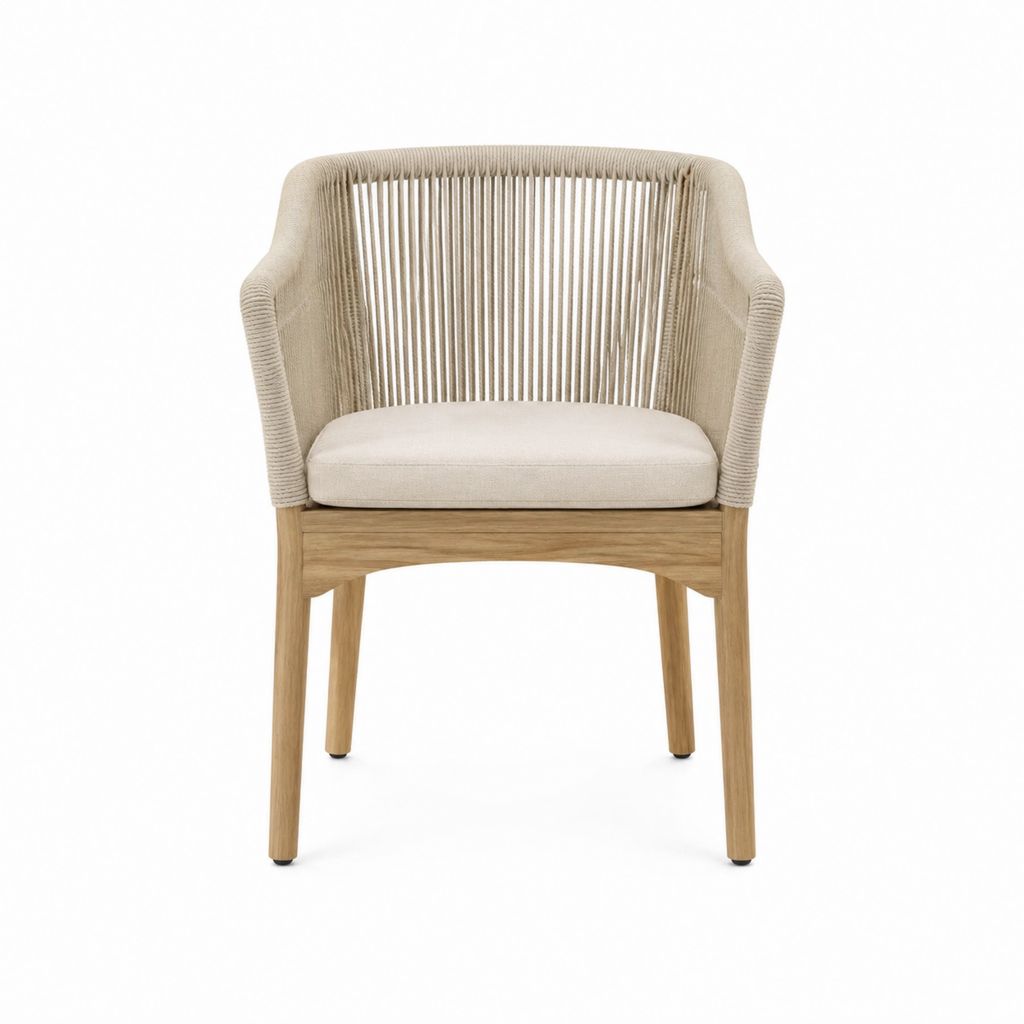 Gartenstuhl mit Armlehnen Beige aus massivem Teakholz und Polypropylen-Seilgeflecht 58 x 63 x 82 cm