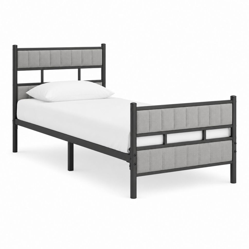 Metallbett Einzelbett Schwarz Grau mit gepolstertem Kopfteil 90 x 200 cm