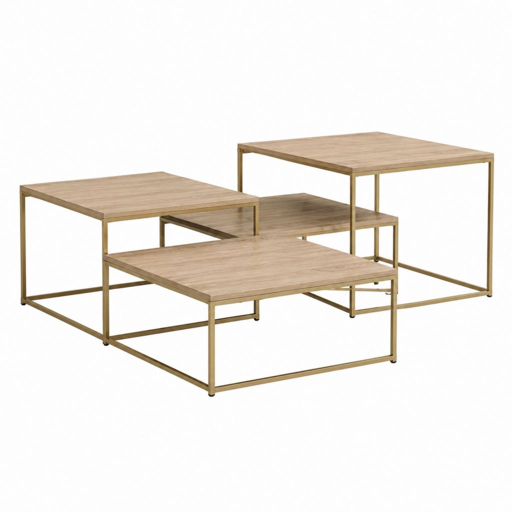 Couchtisch Set 3-teilig Eicheoptik Gold Stahl quadratisch 80 x 80 x 45 cm