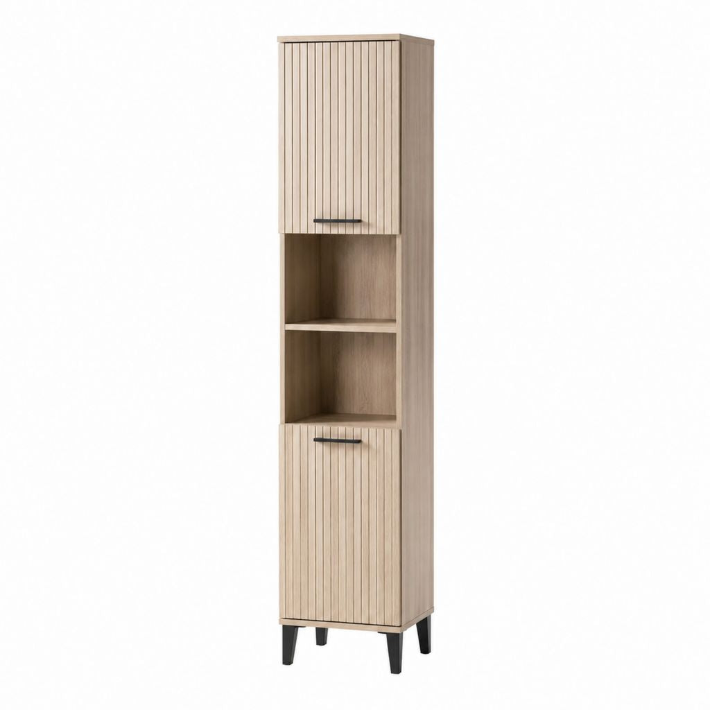 Badezimmer Hochschrank mit 2 Türen und 2 offenen Fächern Eiche hell Spanplatte 180 x 35 x 30 cm