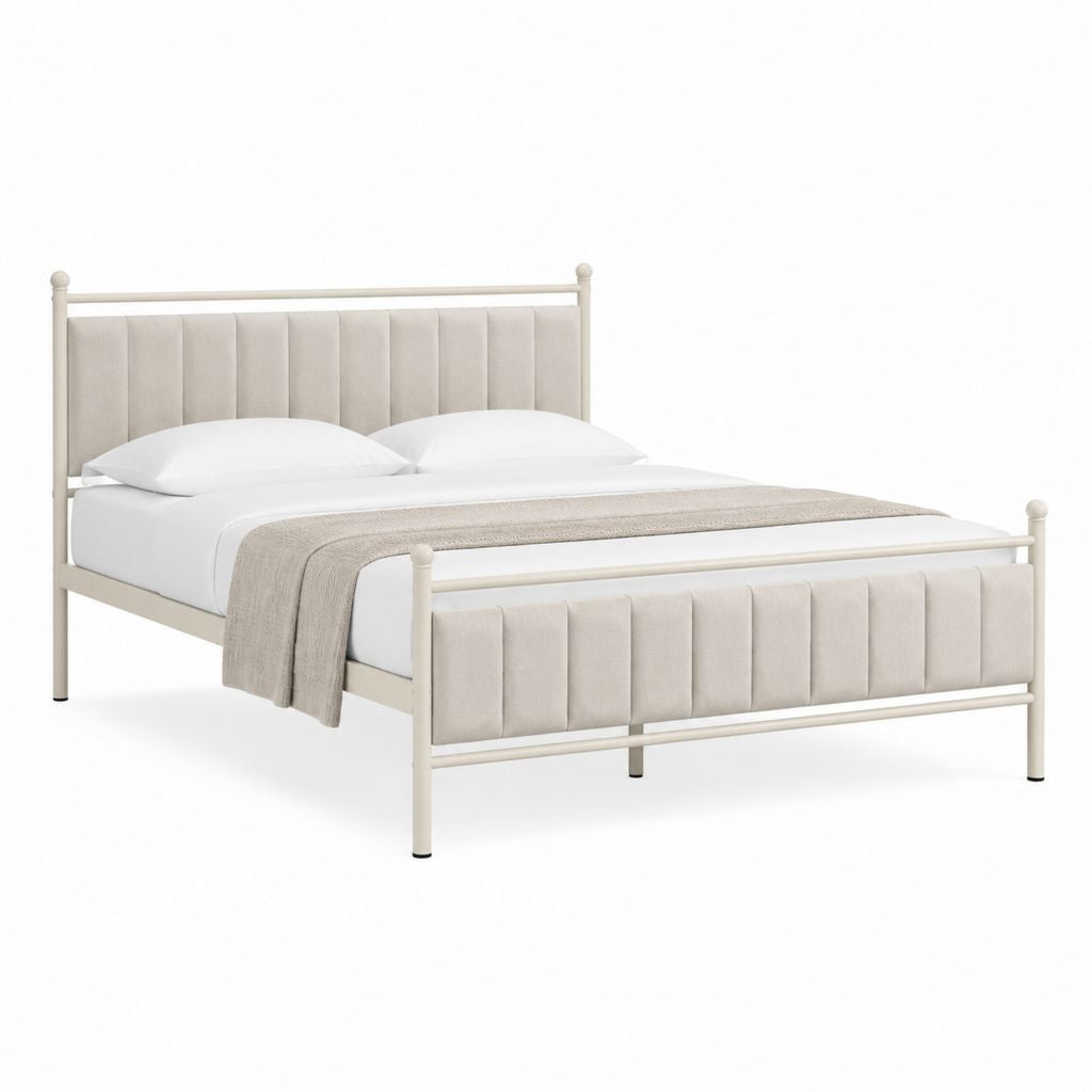 Metallbett Doppelbettgestell Cremeweiß mit gepolstertem Kopfteil und Fußteil 160 x 200 cm