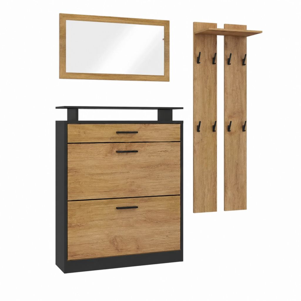 Garderoben-Set rechteckig Eiche-Optik Schwarz aus melaminharzbeschichteter Spanplatte mit Schuhschrank Spiegel und 2 Garderobenpaneelen 90 x 100 x 25 cm
