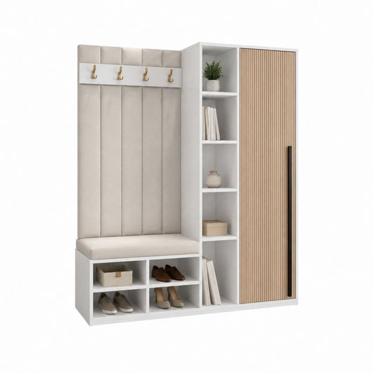 Garderobenschrank Set Weiß Eiche-Optik mit Sitzbank Schuhfächern Kleiderhaken und Stauraum 160 x 40 x 190 cm