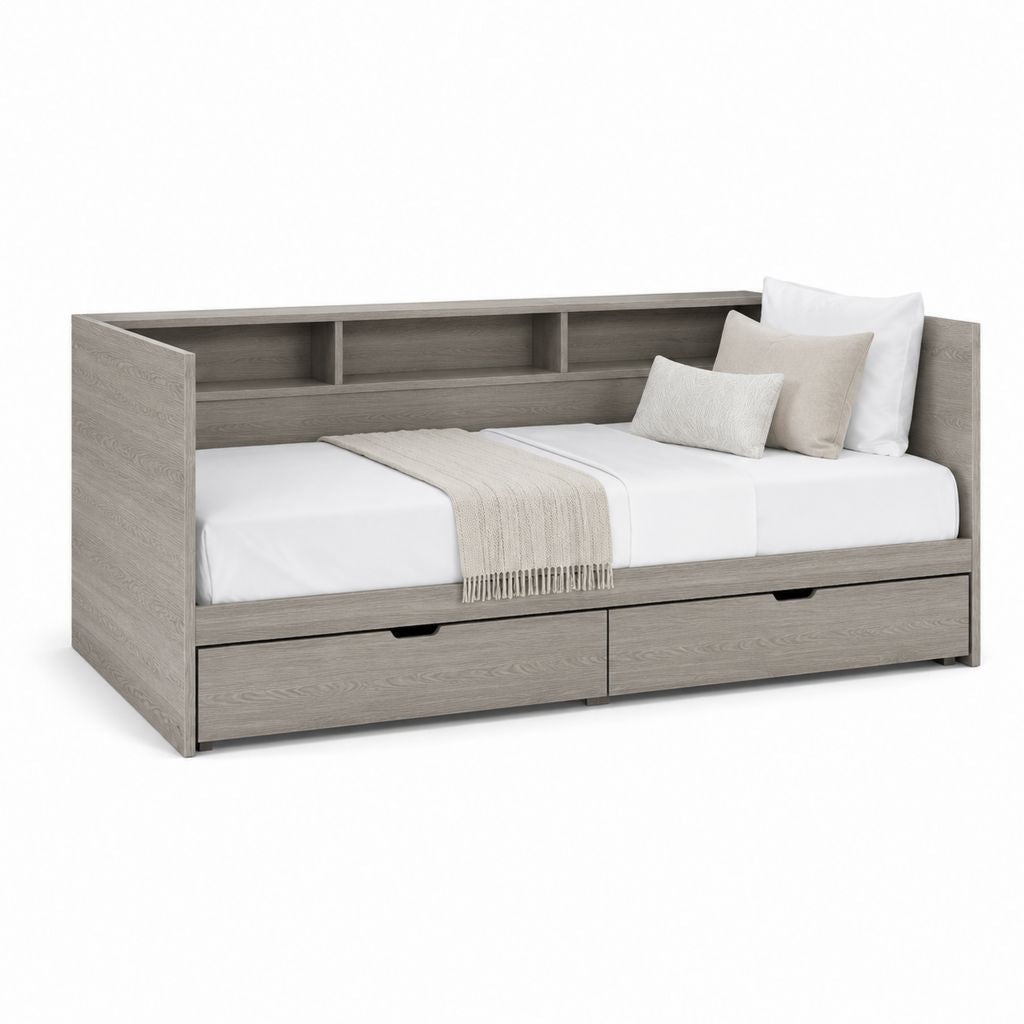 Tagesbett Einzelbett Grau Eiche Dekor Spanplatte Rechteckig 90 x 200 cm mit 2 Schubladen und 3 offenen Fächern