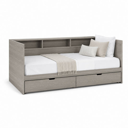 Tagesbett Einzelbett Grau Eiche Dekor Spanplatte Rechteckig 90 x 200 cm mit 2 Schubladen und 3 offenen Fächern