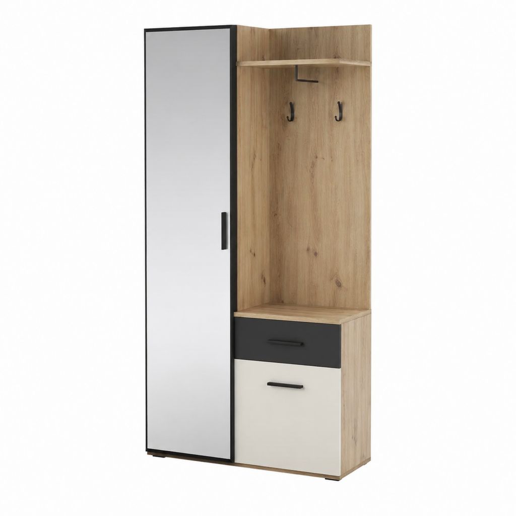 Flurgarderobe mit Spiegel Schrank Haken und Schubladen in Eiche-Optik Schwarz Weiß aus melaminbeschichteter Spanplatte 100 x 35 x 190 cm