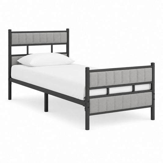 Metallbett Einzelbett Schwarz Grau mit gepolstertem Kopfteil 90 x 200 cm