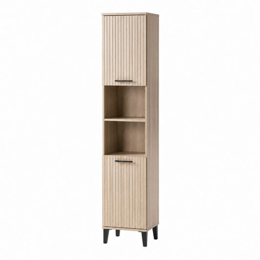 Badezimmer Hochschrank mit 2 Türen und 2 offenen Fächern Eiche hell Spanplatte 180 x 35 x 30 cm