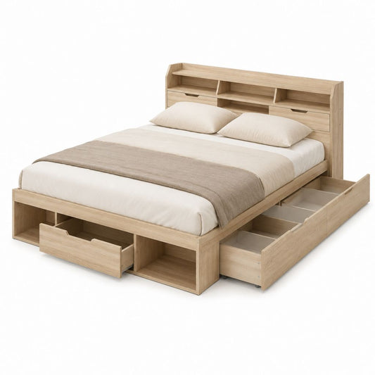 Doppelbett mit Stauraum Eiche Natur Spanplatte 160 x 200 cm