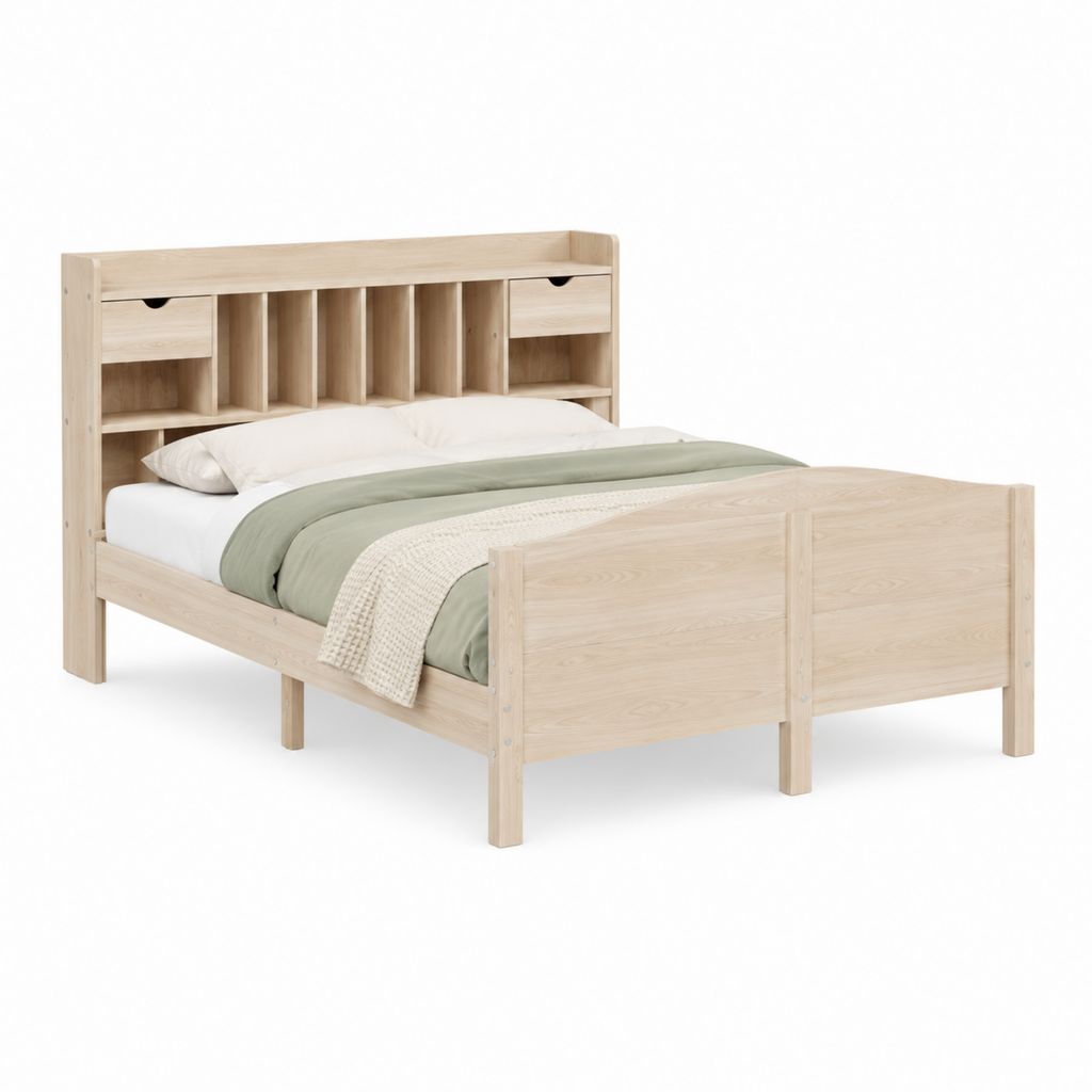 Doppelbett Bettgestell Natur Kiefer Massivholz Rechteckig mit Stauraum-Kopfteil 140 x 200 cm