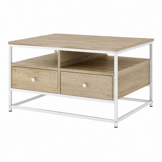 Couchtisch mit 2 Schubladen Eiche hell Weiß Spanplatte Stahl rechteckig 100 x 60 x 45 cm